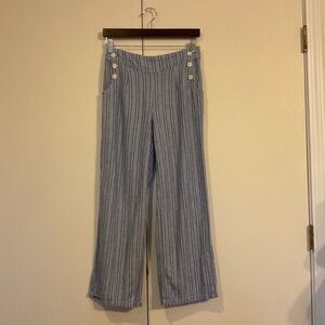 Land ‘n Sea Linen Sailor Wide Leg Blue White Striped Pants w/ Stretch Waist Sz M